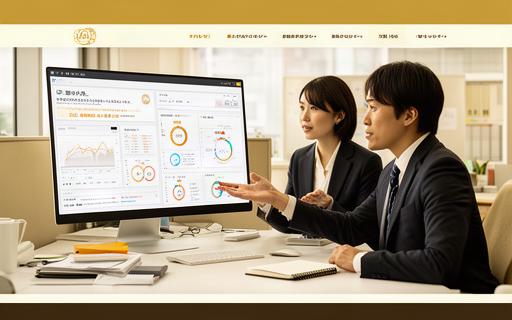 大阪のオフィスで担当者が業務データの画面を見ながら改善案を話し合う様子