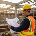 建設現場で図面を確認する作業者