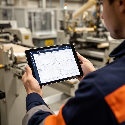 製造現場の担当者がタブレットに表示された稼働データを確認している様子